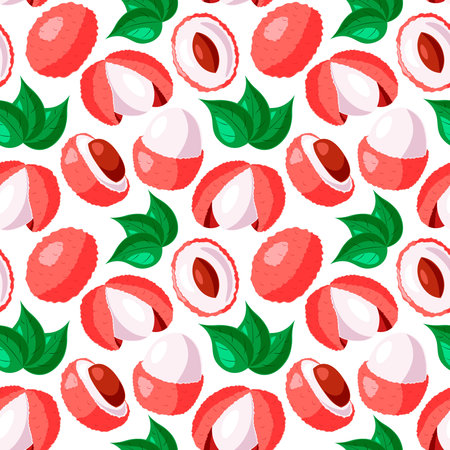Seamless vector pattern with half lychees and leafのイラスト素材