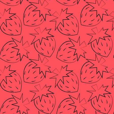 Seamless vector pattern with outline red strawberryのイラスト素材