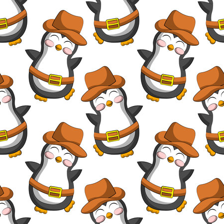 Seamless vector pattern with cute cartoon penguin cowboyのイラスト素材