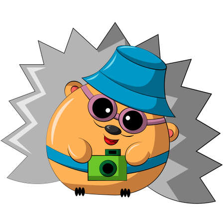 Cute cartoon Hedgehog Tourist with camera. Draw illustration in colorのイラスト素材