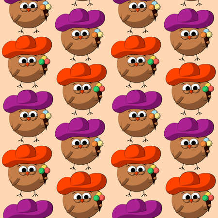 Seamless vector pattern with cute cartoon owl in hat wite ice creamのイラスト素材