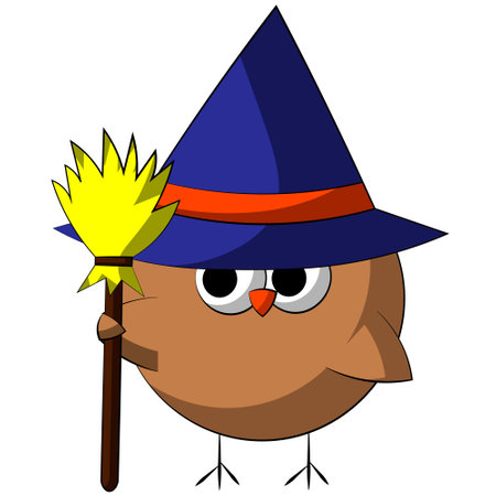 Cute cartoon Owl magician with broom. Draw illustration in colorのイラスト素材