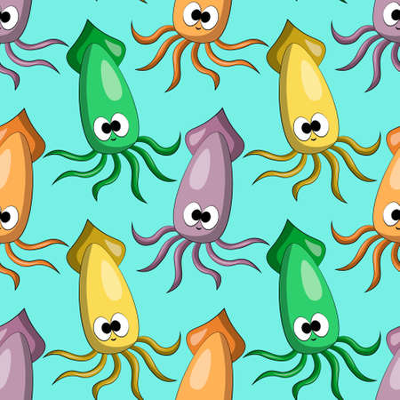 Seamless vector pattern with color cute cartoon squidのイラスト素材