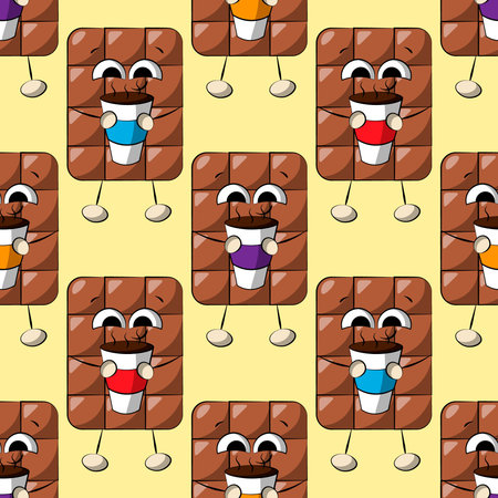 Seamless vector pattern with cute cartoon Chocolate character wiht coffeeのイラスト素材