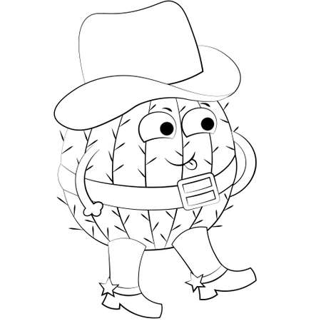 Cute cartoon character Cactus Cowboy. Draw illustration in black and whiteのイラスト素材