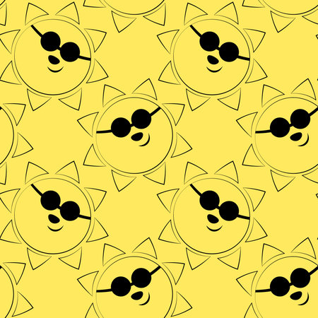 Seamless vector pattern with outline Sun in sunglasses