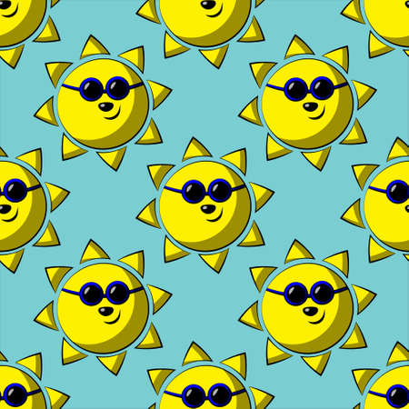 Seamless vector pattern with cute cartoon Sun in sunglassesのイラスト素材