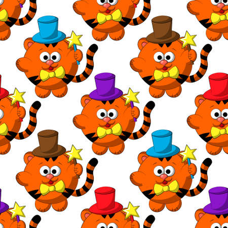 Seamless vector pattern with cute cartoon tiger the wizardのイラスト素材