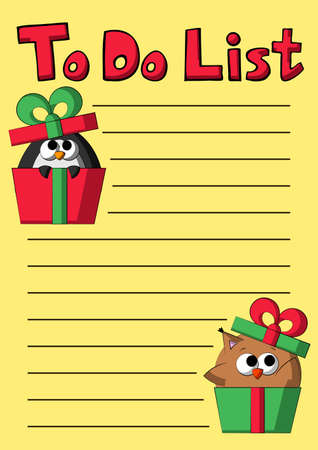 Cheek To do list with cute cartoon penguin and owl in gift boxのイラスト素材