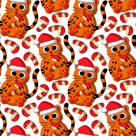 Seamless vector pattern with cute cartoon tiger in christmas hat with candy caneのイラスト素材