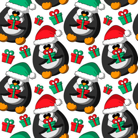 Seamless vector pattern with cute cartoon penguin in christmas hat with gift boxのイラスト素材