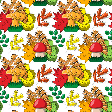 Seamless vector pattern with mushroom and autumns leafのイラスト素材