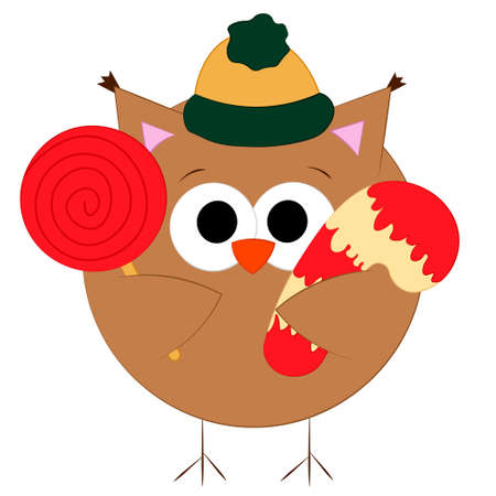 Cute cartoon Owl and candy cane. Draw illustration in colorのイラスト素材