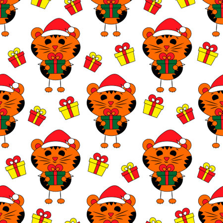 Seamless vector pattern with cute cartoon Tiger with gift boxのイラスト素材