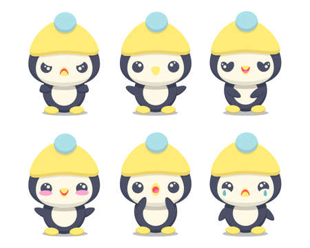 Set cute cartoon penguin with different emotionsのイラスト素材
