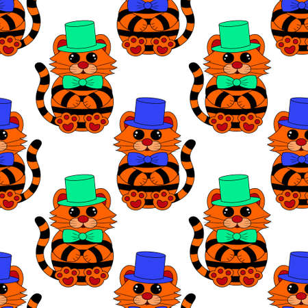 Seamless vector pattern with cute cartoon tigerのイラスト素材