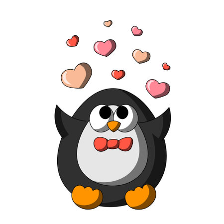 Cute cartoon Penguin and hearts. Draw illustration in colorのイラスト素材