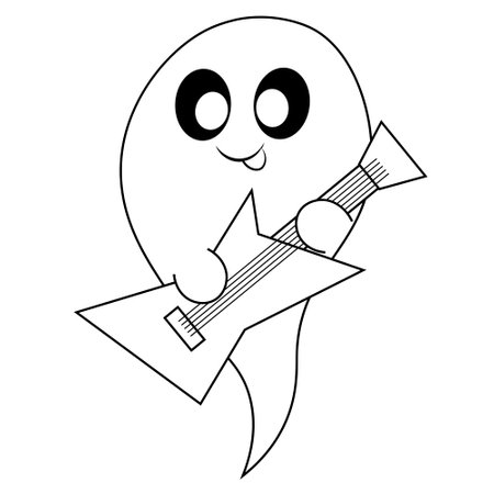 Cute Ghost with electric guitar. Draw illustration in black and whiteのイラスト素材