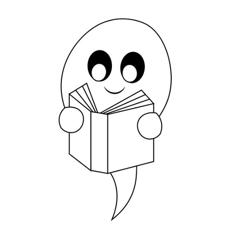 Cute Ghost read book. Draw illustration in black and whiteのイラスト素材