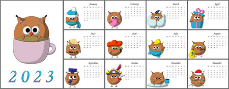 Calendar for 2023 with cute lovery characters Owl