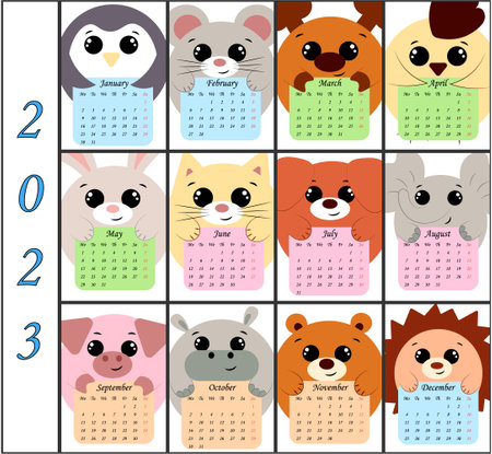 Calendar for 2023 with cute round characters animalsのイラスト素材