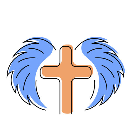 Christian icon Cross and Wings in linear in colorのイラスト素材