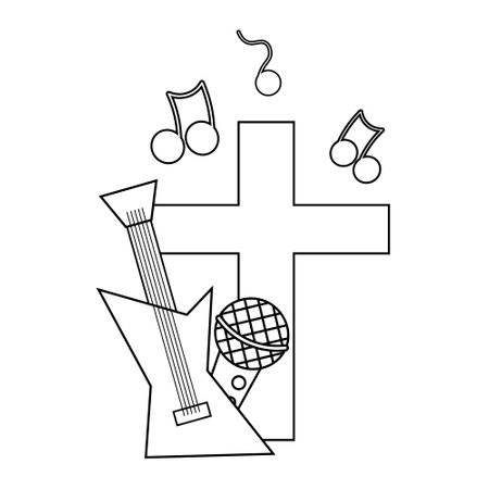 Cross and music microphone and guitar in black and whiteのイラスト素材
