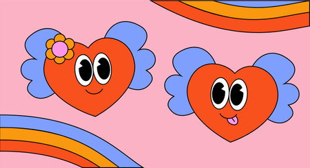 Two Heart with wing and rainbow. Illustration Character in Groovy cartoon style.のイラスト素材