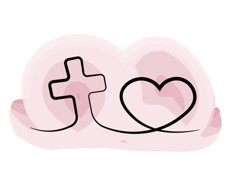 Christian icon Cross and heart in one line in watercolorのイラスト素材