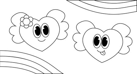Two Heart with wing and rainbow. Illustration Character in Groovy cartoon style. black and whiteのイラスト素材