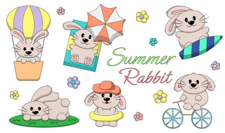 Set Cute Cartoon Summer Rabbit in colorのイラスト素材