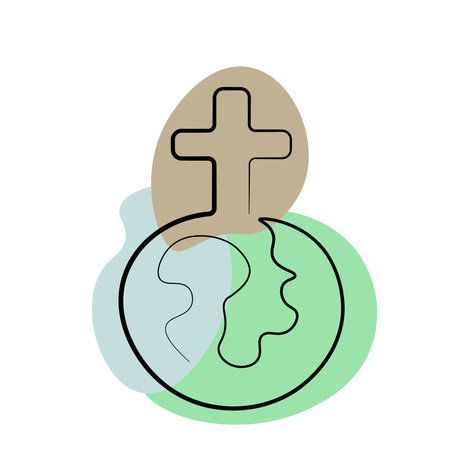 Christian icon Cross and Earth in one line in colorのイラスト素材