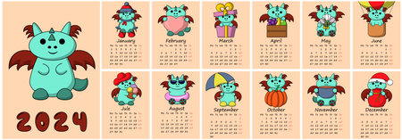 Calendar for 2024 with Cute Cartoon Character Dradonのイラスト素材