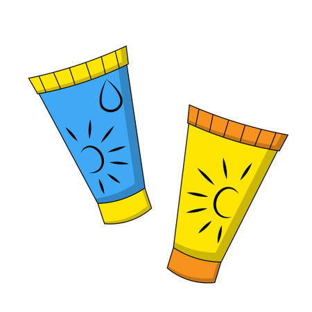 Two cartoon sun creams and a tanning cream in colorのイラスト素材