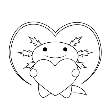 Cute cartoon Axolotl with heart in black and whiteのイラスト素材