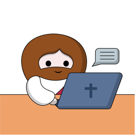 Cute cartoon Jesus Christ with laptop in colorのイラスト素材