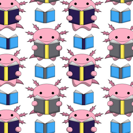 Seamless pattern with Cute cartoon Axolotl with bookのイラスト素材