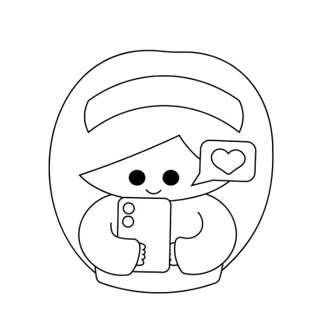 Cute cartoon girl with mobile phone in black and whiteのイラスト素材