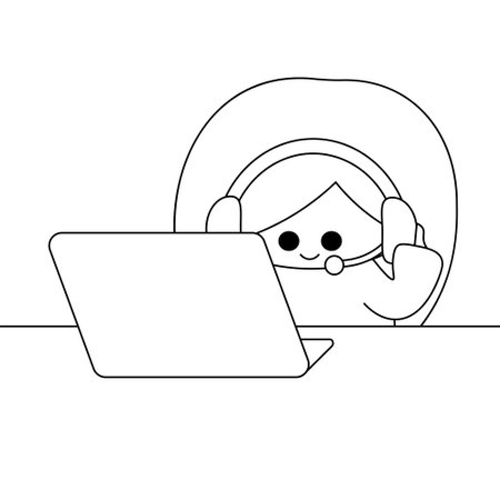 Cute cartoon Girl sitting at laptop and in headphones in black and whiteのイラスト素材