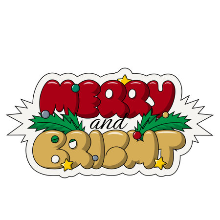 Christmas bubble Lettering of the phrase Merry and Bright in colorのイラスト素材