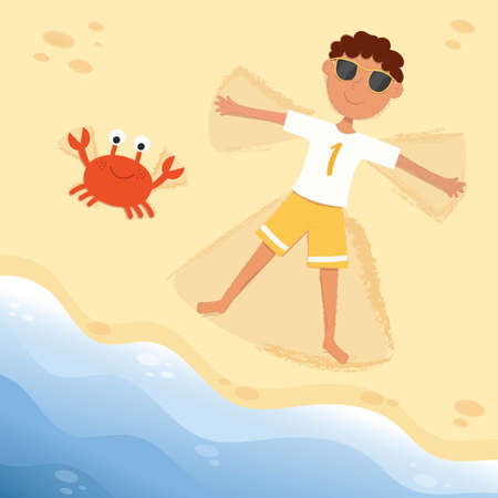 Boy and crab sunbathing on the beachのイラスト素材
