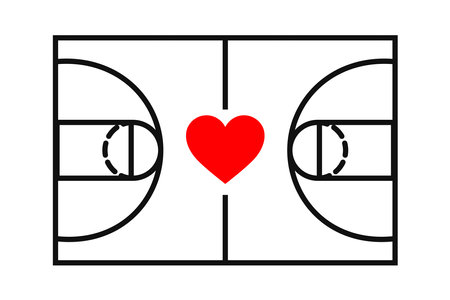 Top view silhouette basketball field with heart, exact proportions. Isolated vector illustration.のイラスト素材