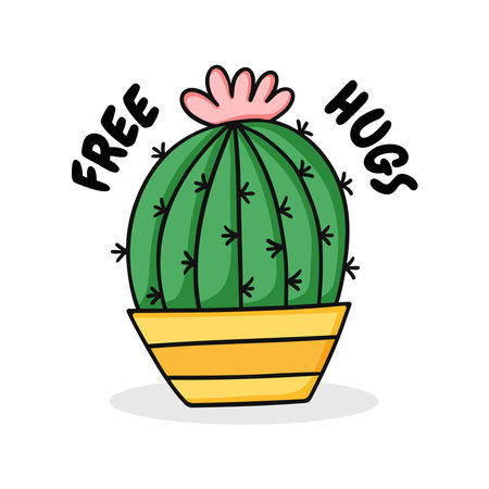 Cute cartoon cactus in pot. Free hug phrase. Isolated vector illustration on white background.のイラスト素材