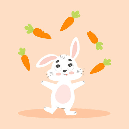 Ð¡ute white easter bunny juggles carrots. cartoon vector illustration.のイラスト素材