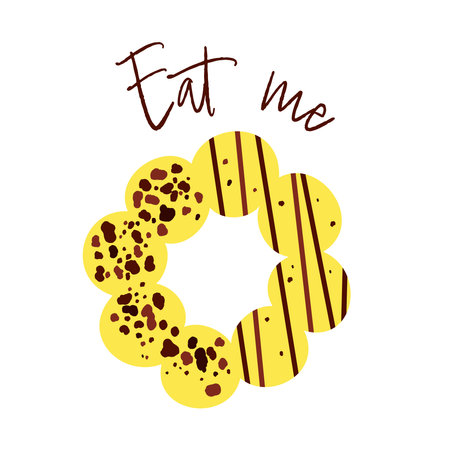 Yellow mochi donuts with chocolate crumble and topping. The phrase eat me. cartoon vector illustration.のイラスト素材