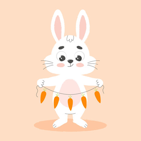 Cute white easter bunny holds garland carrots. cartoon vector illustration.のイラスト素材