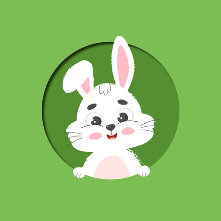 Cute cheerful little white bunny in hole. Cartoon paper cut vector illustration.のイラスト素材