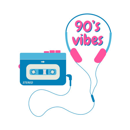 Retro music player with headphones, 90s vic ibes. cartoon vector illustration.のイラスト素材