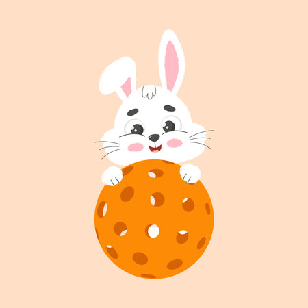 Cute white little rabbit and pickleball ball. Cartoon vector illustration.のイラスト素材