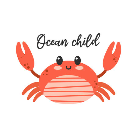 Cute kawaii crab character. ocean child lettering phrase. Hand drawn cartoon vector illustration.のイラスト素材